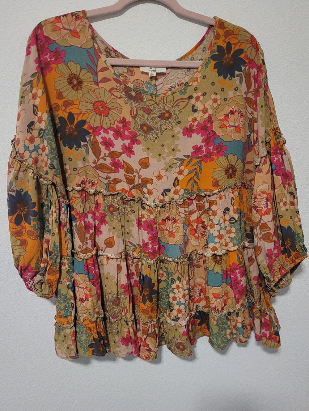 Easel Los Angeles Floral Print Ruffle Tiered Peplum Boho Tunic Blouse L Babydoll